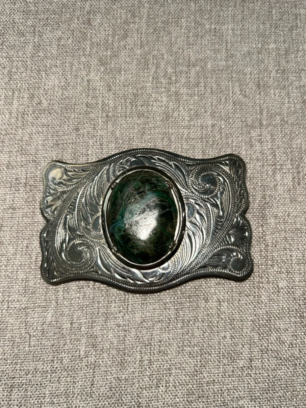 Engraved Silver Belt Buckle with Dark Green Stone southwestern cowboy